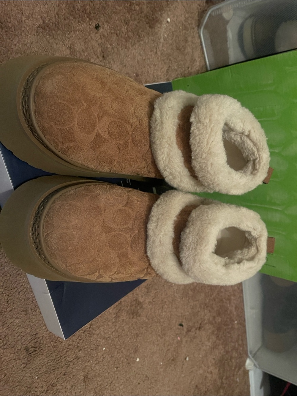 Coach Tan Suede-Look Shearling Cuff Platform Booties